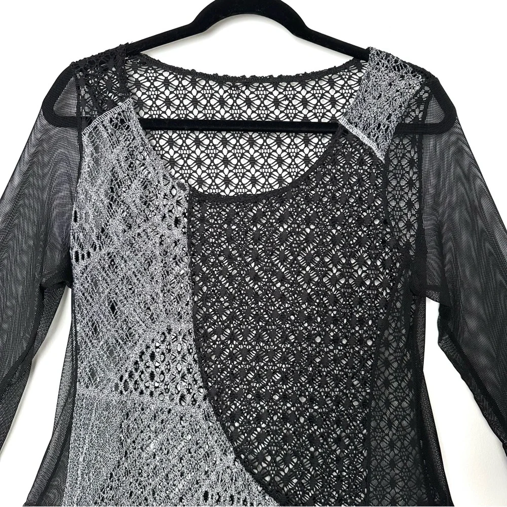 Boho Y2K Black Sheer Crochet Patchwork Whimsigoth Asymmetrical Mixed Media Tunic - Picture 2 of 9